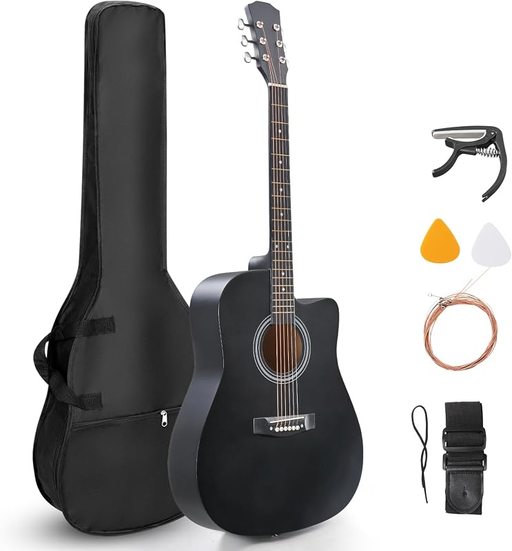 Guitarra acústica de 41 pulgadas con funda para principiantes, negra | Kit completo de guitarras de acero 4/4 con cuerdas adicionales, correa, púas, cejilla, para viajes, adultos y músicos, tilo, diseño clásico