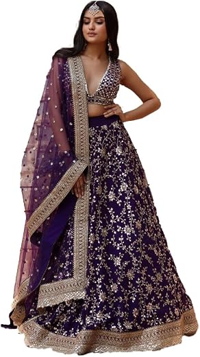 JIHU CULTURE Women's Purple Sequins Embroidered Georgette Semi-Stitched Lehenga Choli