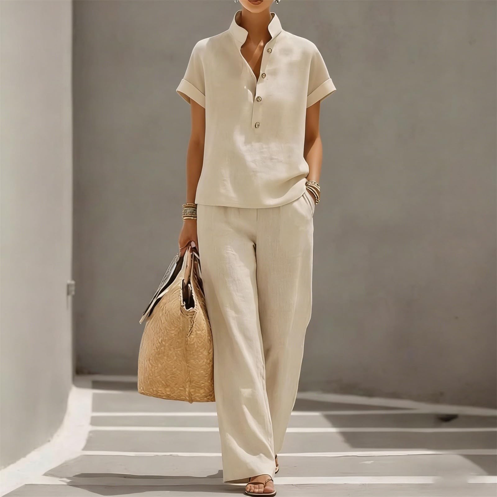 Conjunto Mujer Dos Piezas Casual Verano Elegante Lino Conjunto Deportivo Top Cuello V Y Pantalon Suave Y Cómodo Chandal Completo Manga Corta Ropa Deportiva Talla Grande Casa Trabajo Vacaciones Playa