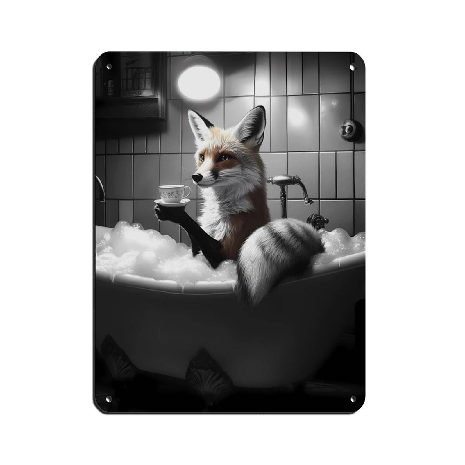 Cute Fox in Bathtub, Adorable Animal Tin Sign Vintage Metal Pub Club Cafe Bar Home Wall Art Decoration Poster Retro 12x16inch(30x40cm)