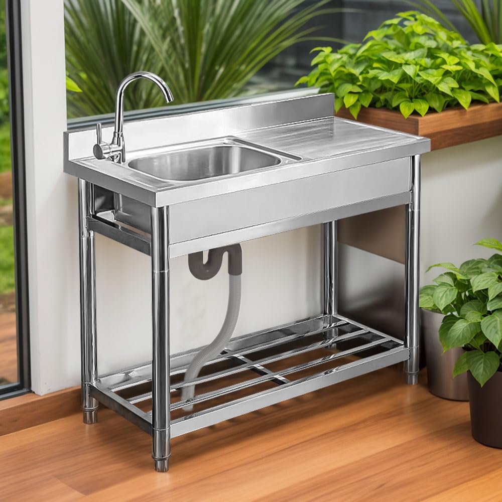 Freistehende Spüle Edelstahl Spültisch mit Ausgussbecken & Arbeitsplatten robuster Spültisch mit abgerundeten Ecken ohne Wasserhahn 100 x 50 x 90 cm für Küche, Restaurant & Cafe