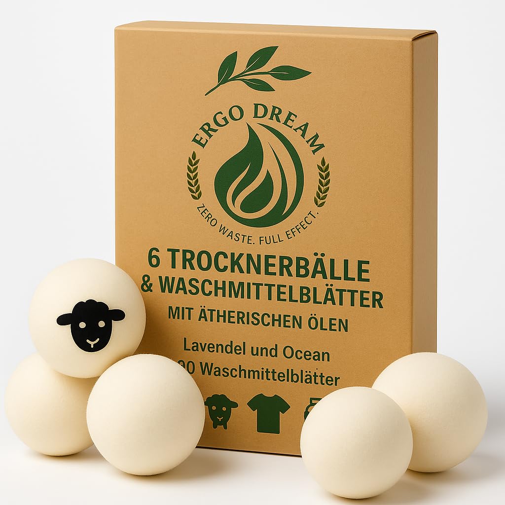 Öko Trocknerbälle XXL – 6x Trocknerbälle für Wäschetrockner aus 100% Neuseeland-Wolle, inkl. Wäschedüfte, 20 Waschstreifen & Aufbewahrungsbeutel, Natürlich, wiederverwendbar & plastikfrei