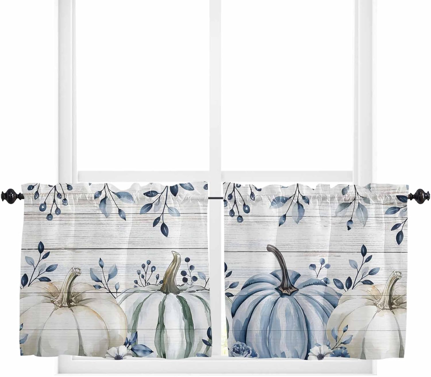 Navy Blue Pumpkin Fall Kitchen Curtains, Thanksgiving Botanical Wooden Pumpkin Light Filtering Window Curtain, 2Pcs Rod Pocket Window Treatments Set for Living Room Bathroom Bedroom 52x72 Inches