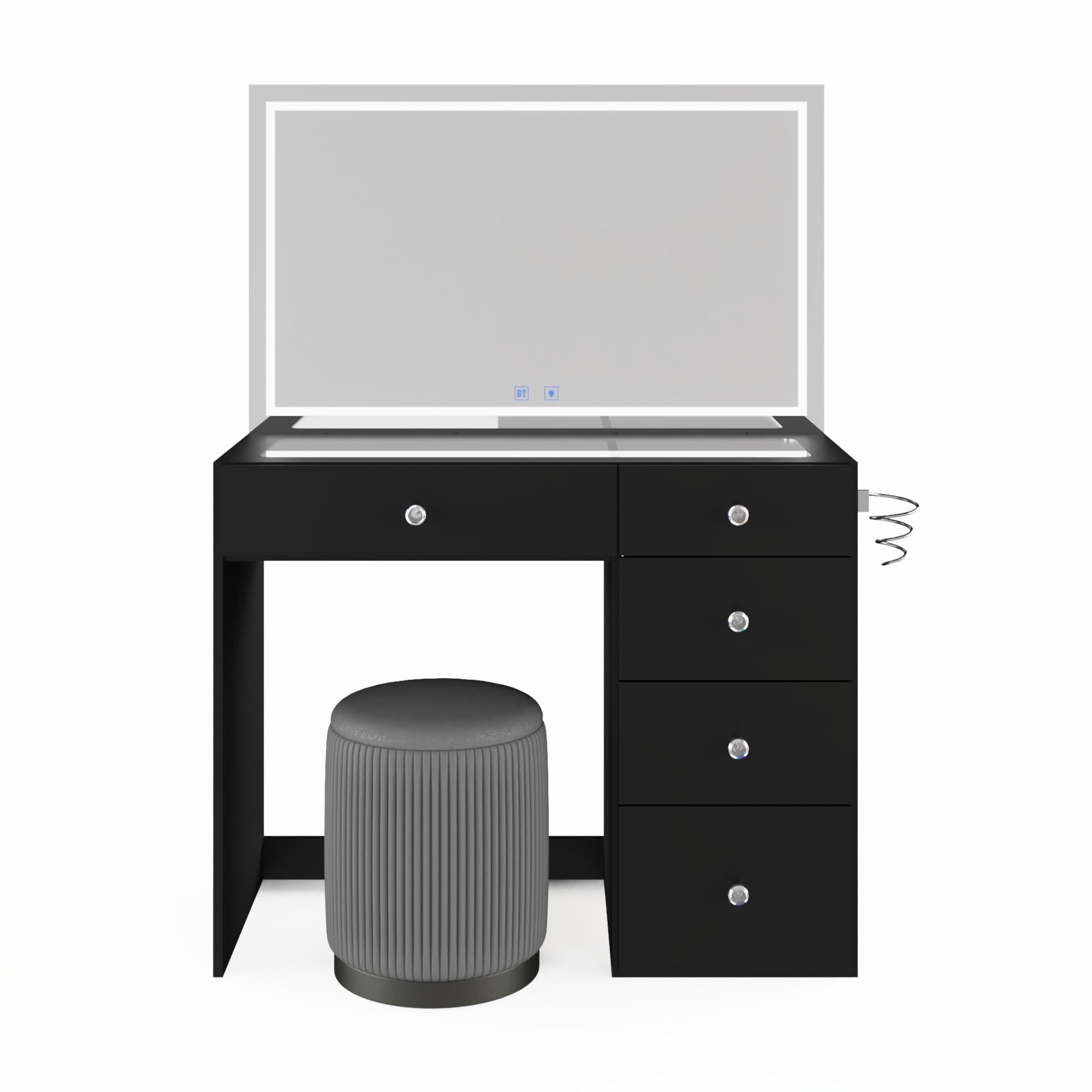 Boahaus Cleo Vanity Desk with Framed Bulb Mirror &amp; Stool – 5 Drawer Makeup Station with Integrated Power