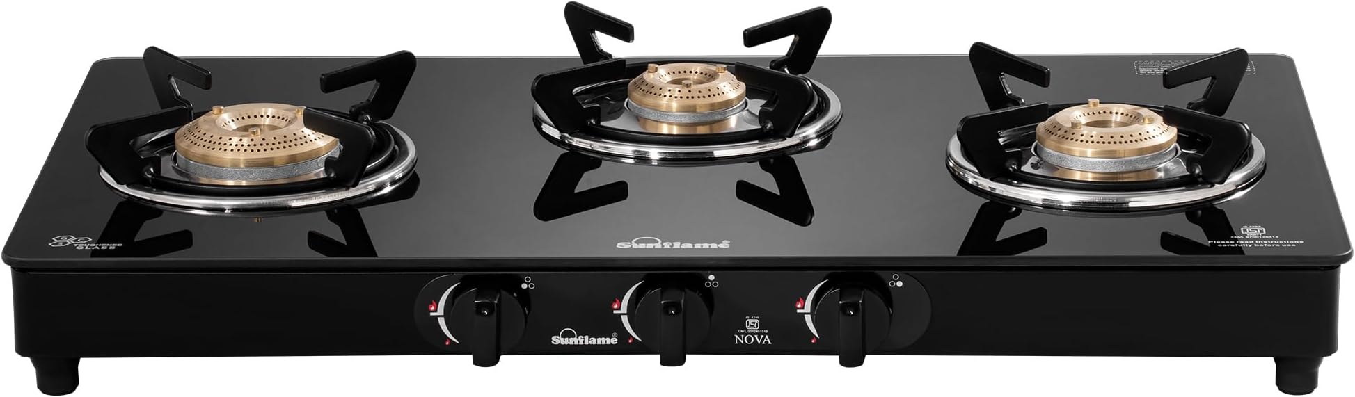 Crystal Nova 3 Burner Gas Stove | Dual Drip Trays | 1 Jumbo, 1 Medium and 1 Small Brass Burner | 2 Years Product Coverage by Sunflame | Manual Ignition | Toughened Glass Top