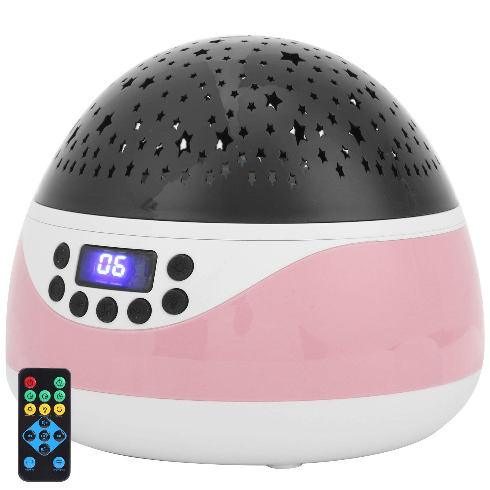 de Luz Nocturna con Control Remoto y Música para Niños, Pantalla LED, Rotación de 360 ​​grados, Material ABS, 14,5x14,5x13,5 Cm (Rosa)