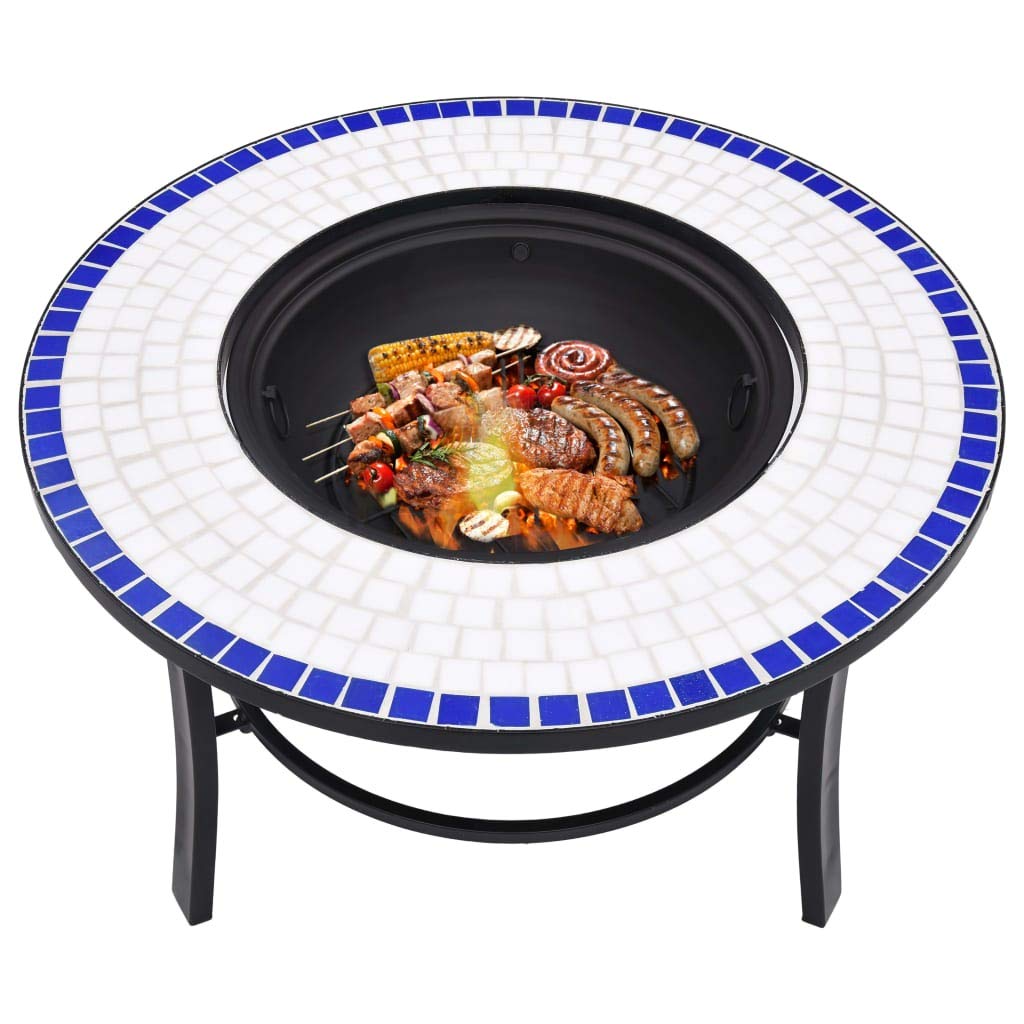 Feuerstelle Mosaik Keramik Blau und Weiß 68 cm, Stahl und Keramik, Dreibein Gestell, runde Ablage, Terrasse Garten, Wärme und Deko für Holzscheite Holzkohle Kamin Ofen