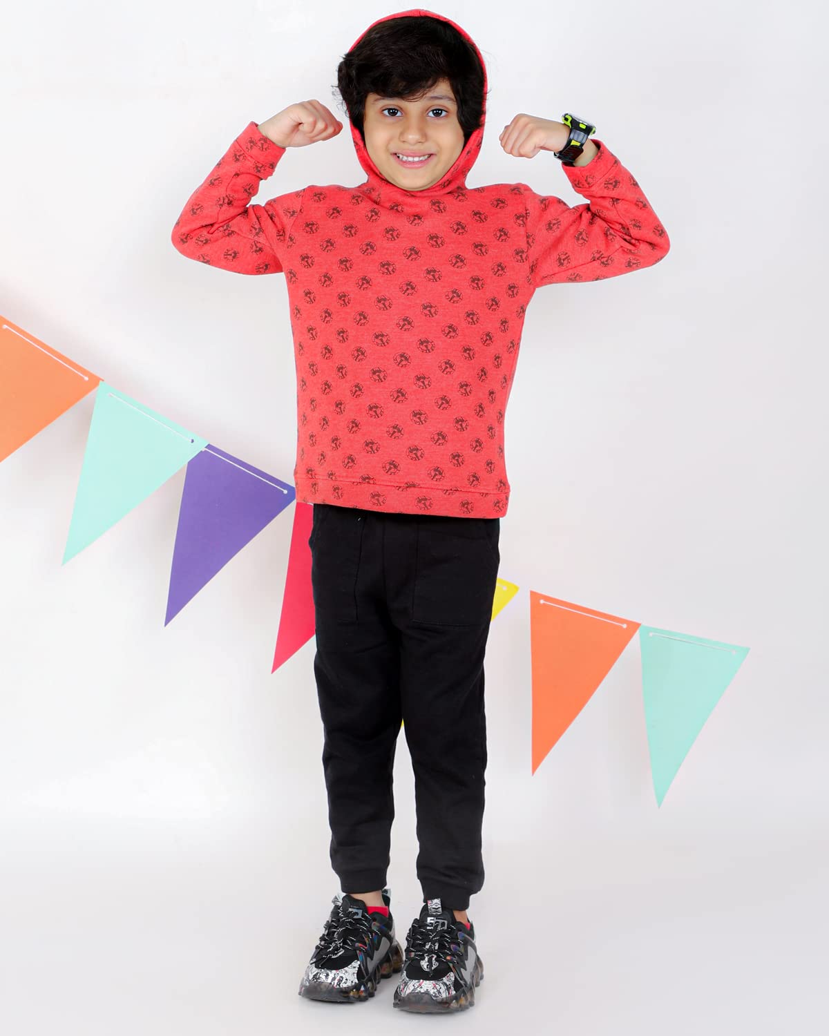 The Mom Store Printed Cotton Full Sleeves Hoodie for Boys| 100% Cotton with Brushed Fleece | Kids Winter wear | Cute Prints | Comfortable | Warm | Red | 3-4 | - Image 3 thumbnail
