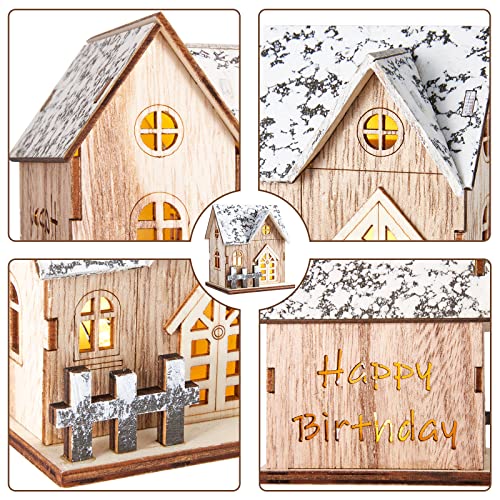 Wujiedi 4 Rustic Wooden Christmas Village House Ornaments For Crafts, Paintable Centerpiece Table Decorations And Indoor Wall Art Decor, First Unique House Warming Gifts For New Home With Led Light #TOP1