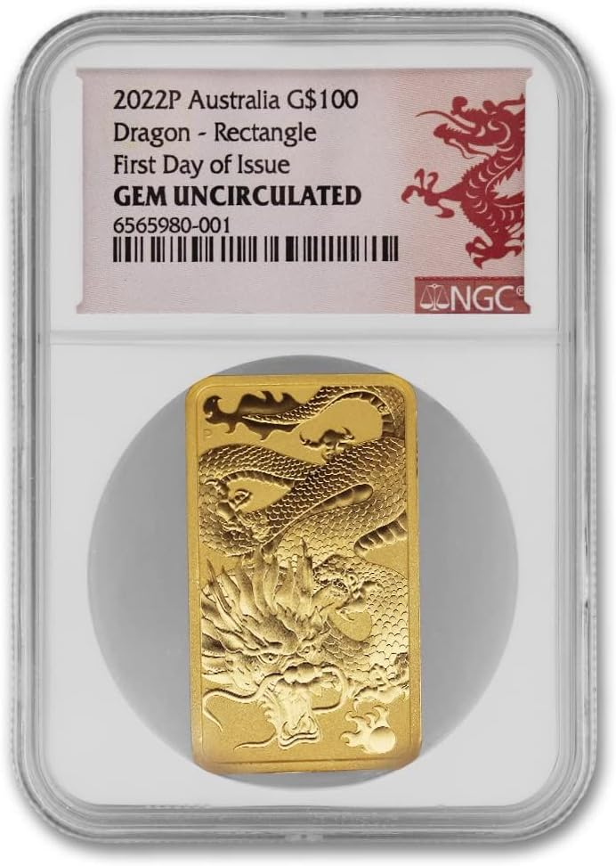 2022 AU 1oz Australian Gold Dragon Bar GemUnc First Day of Issue $100 Gem Unc. NGC