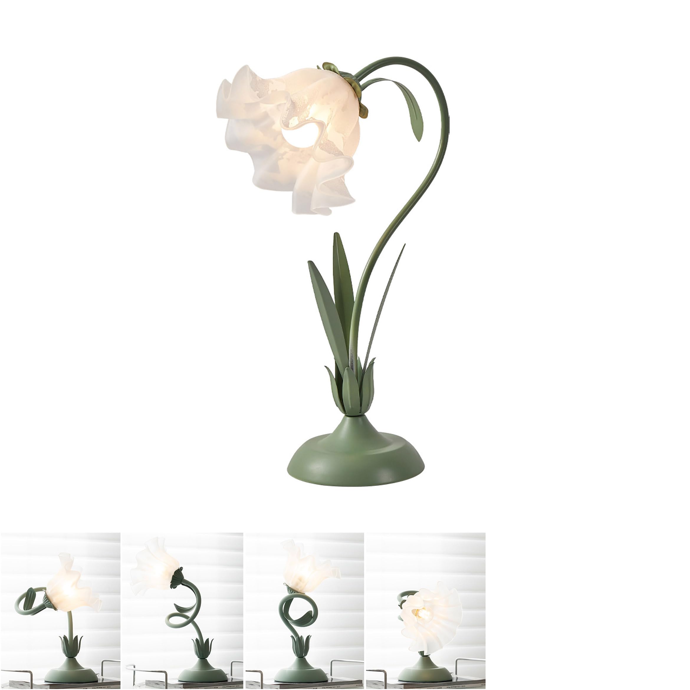 Schreibtischlampe Glas Blume, Vintage Nachttischlampe mit 3 Farbtemperaturen, Grüne Tischleuchte mit Flexiblem Arm, für Schlafzimmer, Wohnzimmer