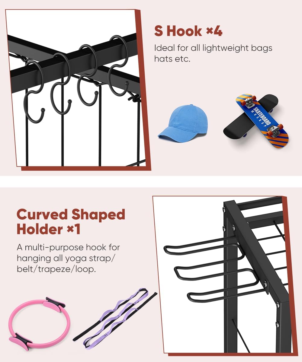 3 Tiers Dumbbells Yoga Mat Storage Rack with Elastic Straps for Kettlebells Foam Roller Resistance Bands Balls, Workout Equipment Organizer Weight Storage Holder with Hooks for Home Gym