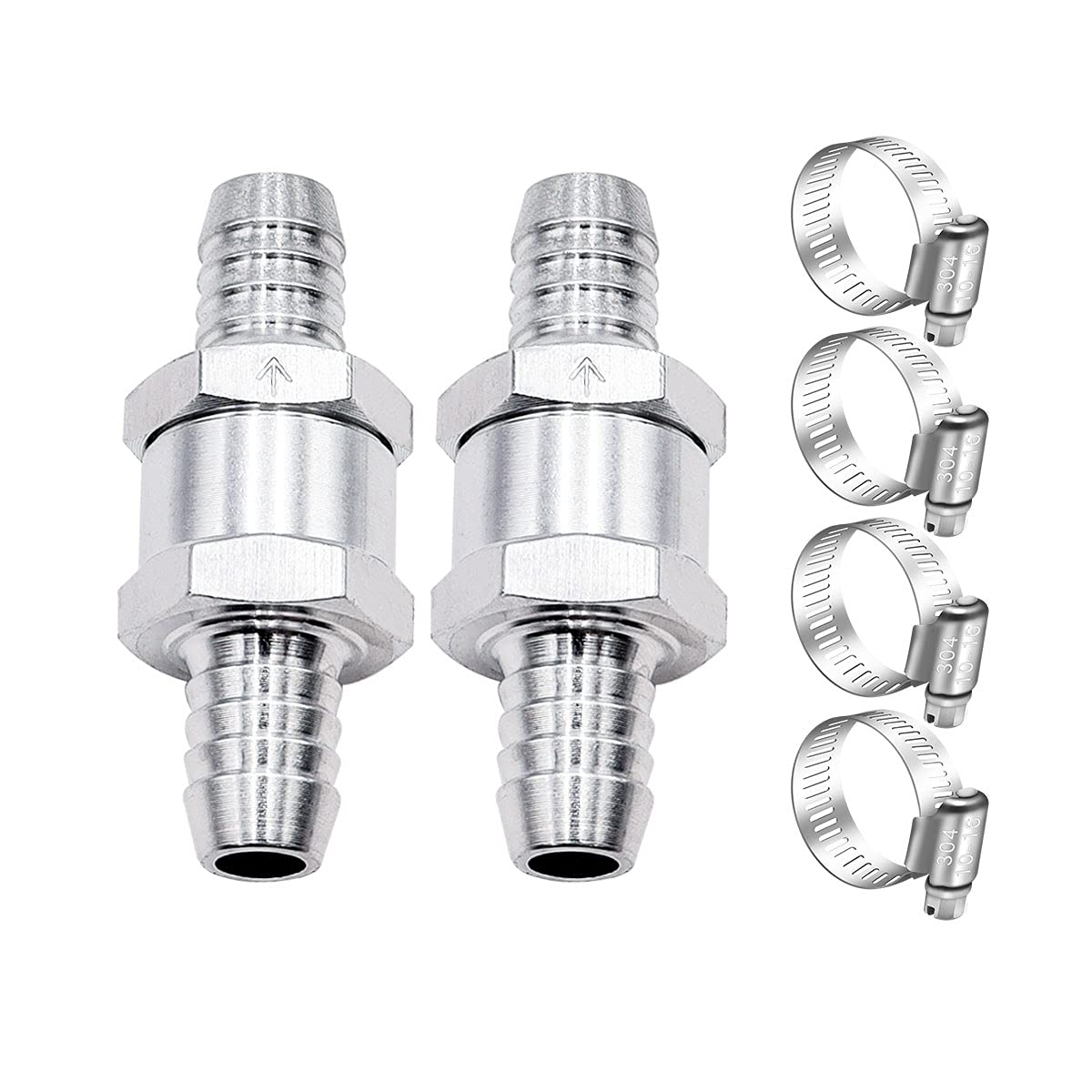 mxuteuk 2Pcs 1/2" 12mm Aluminium Silver Non Return One Way Check Valve with 4Pcs 10-16mm Universal Adjustable Hose Clamps for Fuel Petrol Diesel Line Oil M-H-032-12mm