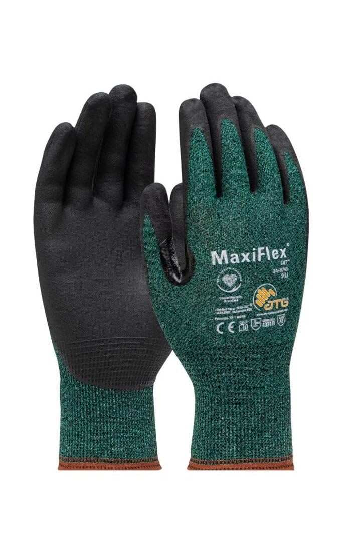 ATG 34-8743T/L Maxiflex Cut, Green Engineered Yarn Shell, Blk Nitrile Microfoam Grip, Tagged Green L