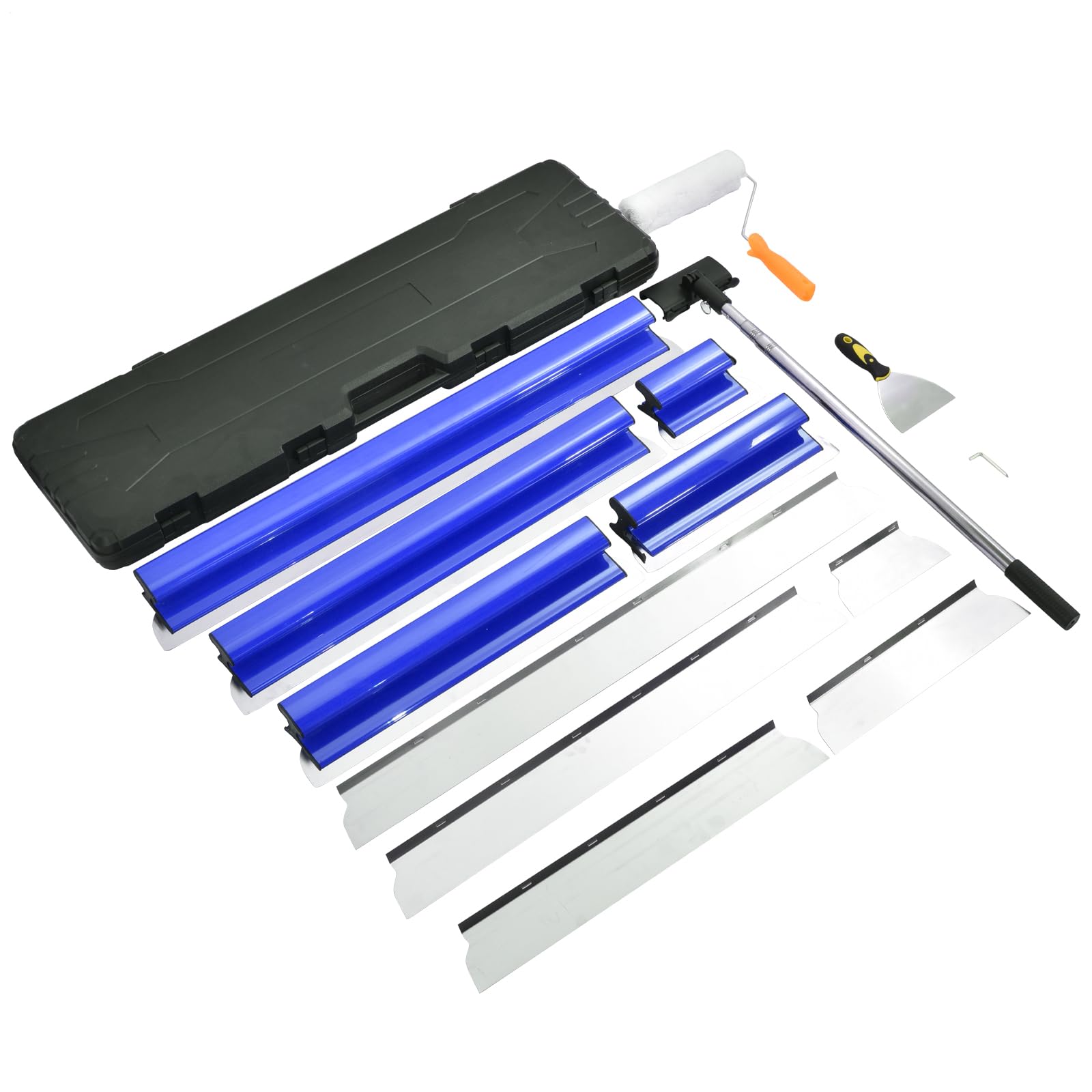Juego de espátulas profesionales de acero inoxidable - 85-274 cm, mango ajustable, en estuche (15, 35, 55, 75 y 95 cm), cuchilla y rodillo, para enlucir paredes y techos (azul)