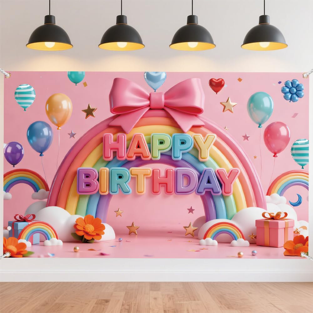 CRAFTYMELODY Rainbow Birthday Banner 72×44 Inch Cute Pink Bow Happy Birthday Backdrop Multicolor Balloon Wall Banner Indoor Outdoor with Grommets 3.2 Yard String for Party Decoration Supplies — image 1