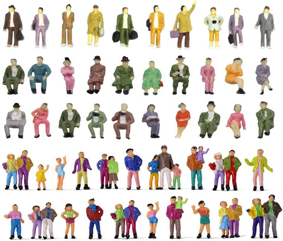 Hiawbon 50 Pcs Tiny Sitting and Standing Delicate Hand Painted People Model Train Park Street Figures for Miniature Scenes, 1:87 Scale