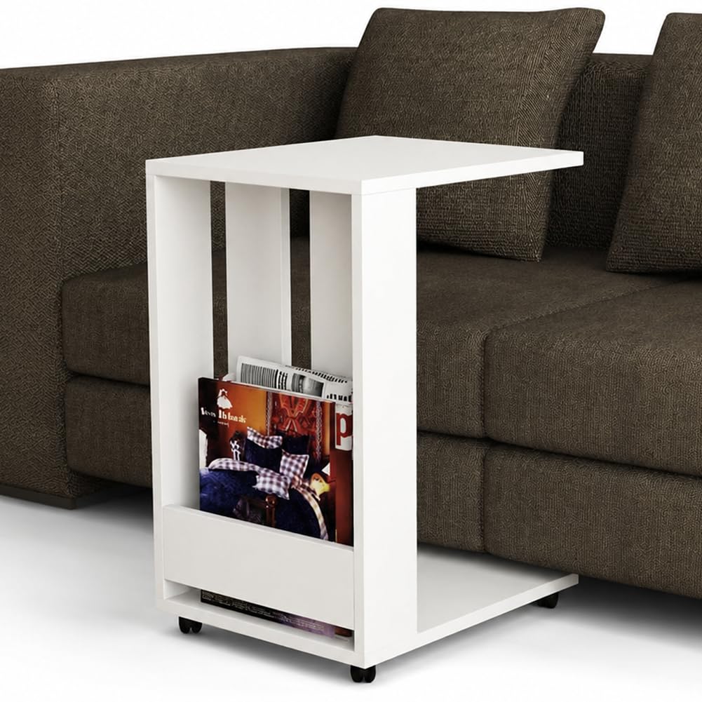 Shally Dogan Tavolino Ausiliario per Divano e Letto con Ruote, Tavolo da Caffè Mobile Design Moderno, Supporto Ideale per Arredare Casa, Ufficio, Struttura in Legno, 37.5 x 45 x 60H cm (Bianco)