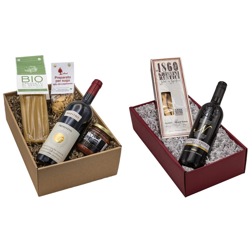 Geschenk-Set "Nudelliebe" Geschenk Korb mit Spaghetti di Semola & Geschenk-Set „Rustico“ mit Wein und Salzgebäck in einem tollen Geschenkkarton Geschenkset mit edlem Rotwein aus Sizilien (1 x 0.75 l)