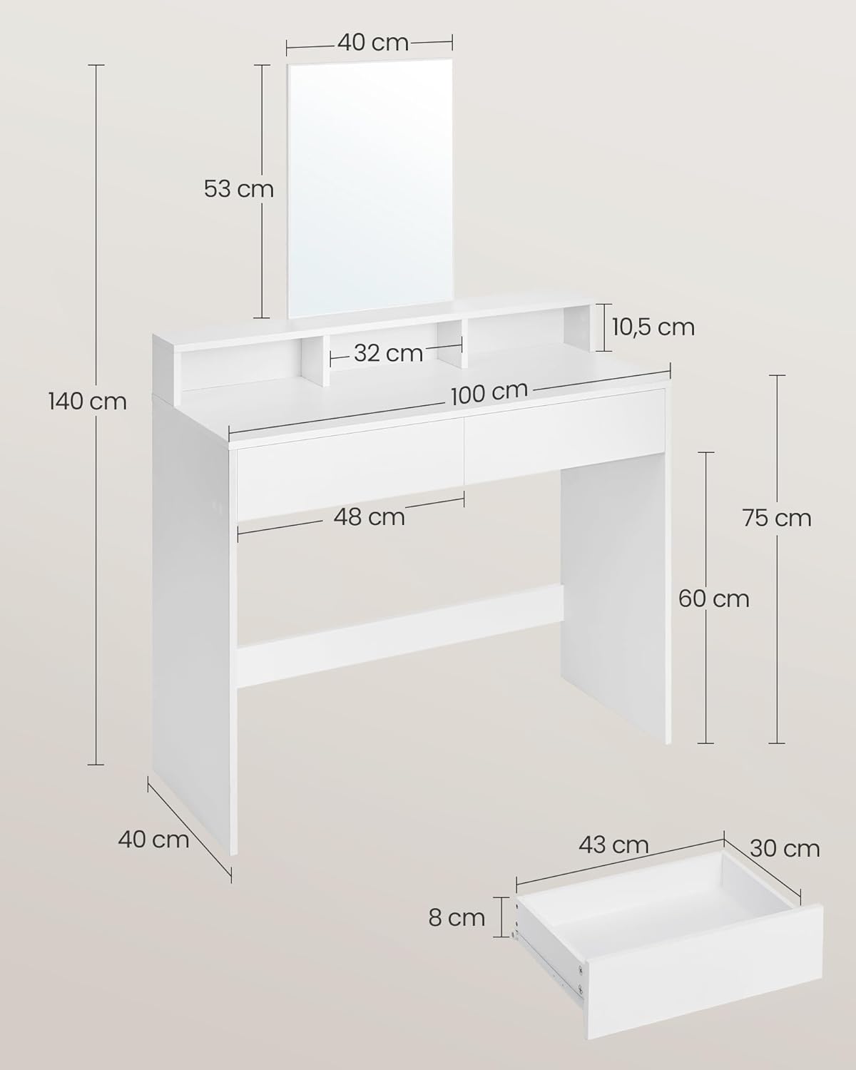 Detailed dimensions of the VASAGLE Dressing Table