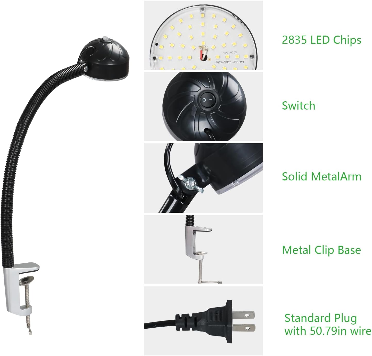 LED Clamp Work Light with Flexible Gooseneck, 20W 2000 Lumens 6500K 110V US Plug, Machine Lathe Light with Metal Clip Base for Work Bench, Sewing Machine, Lathe Workbenches
