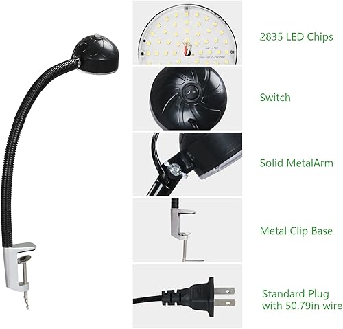 Miniatura 4 de Luz de trabajo con abrazadera LED con cuello de cisne flexible, 20 W, 2000 lúmenes, 6500 K, 110 V, enchufe de EE. UU., luz de torno de máquina con