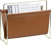 MyGift 15-Inch Modern Leatherette & Brass Floor Standing Magazine Rack - Sling Style Holder for Home, Office, Bathroom Decor