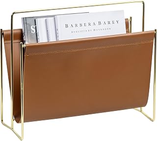 MyGift 15-Inch Modern Leatherette & Brass Floor Standing Magazine Rack - Sling Style Holder for Home, Office, Bathroom Decor