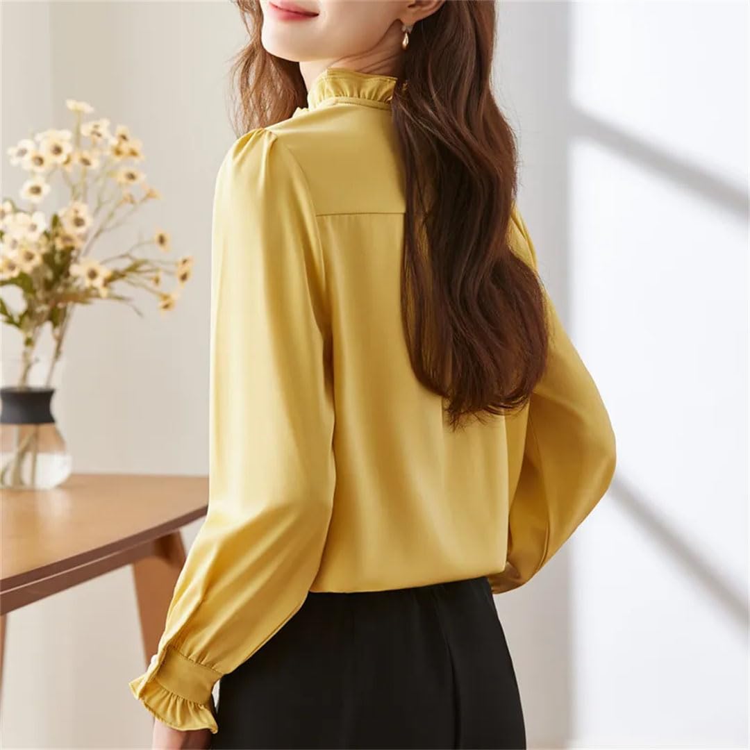 Blusas de satén con cuello de volantes para mujer, elegantes, con un solo botón, transpirables, de manga larga