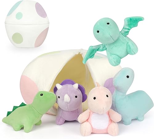 Juego de animales de peluche de dinosaurio, juguetes de dinosaurio de felpa suave, lindo huevo de dinosaurio de peluche con 5 pequeños peluches de
