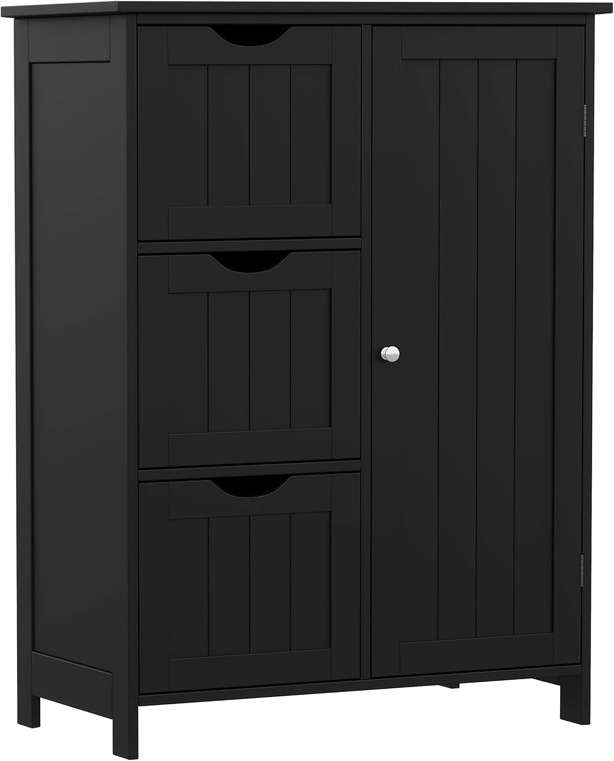 Reettic Bathroom Floor Cabinet, Wooden Freestanding Storage Cabinet, Side Storage Organizer with 1 Cupboard and 3 Drawers, Adjustable Shelf, 23.6" L x 11.8" W x 31.9" H, Black BYSG101B