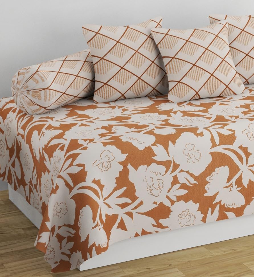 Image of Pure Soft Cotton Floral Diwan Set Covers 6 Pieces - 1 Single Bed Sheet (60 X 90) with 3 Cushion (16 X 16), 2 Bolster Covers (16 X 32) -Brown White