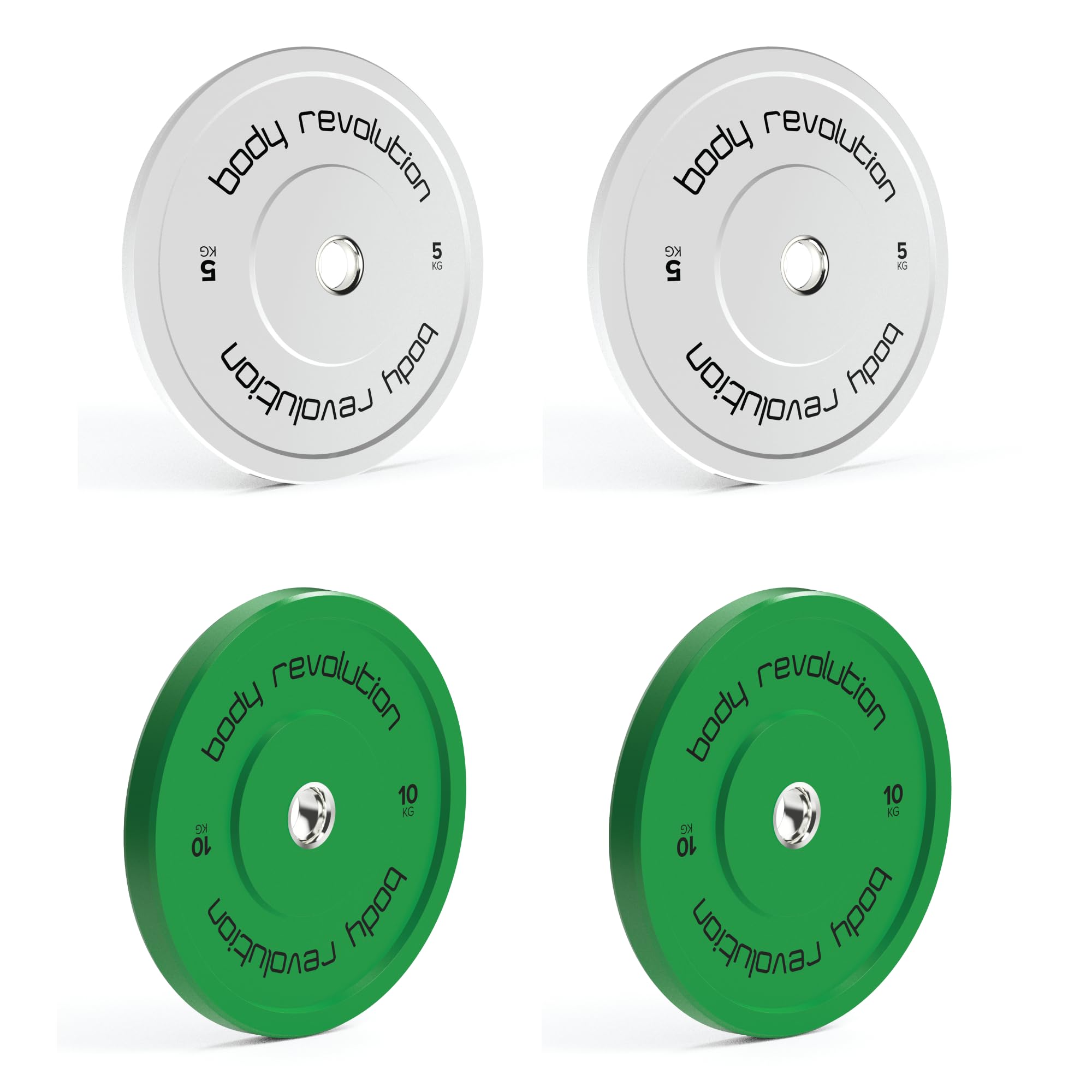Body Revolution F. 30Kg Set (2 X 5Kg + 2 X 10Kg) Olympic Weight Plates For 2" Barbells - Solid Colour Rubber Bumper Plates, Home Gym Equipment For Strength Training Workouts