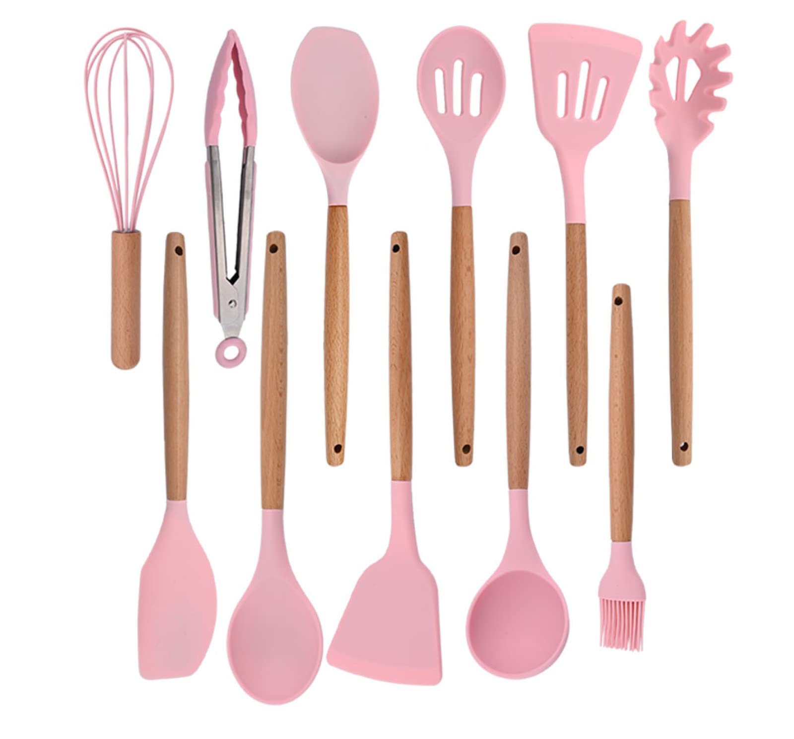 GTHTUHFD Cooking Spatulas And Spoons,Spoon Setcooking Utensils Set Silicone Kitchen Utensil Nonstick Cooking Utensils Wooden Handle Cookware Baking Gadget Set,Pink 11pcs