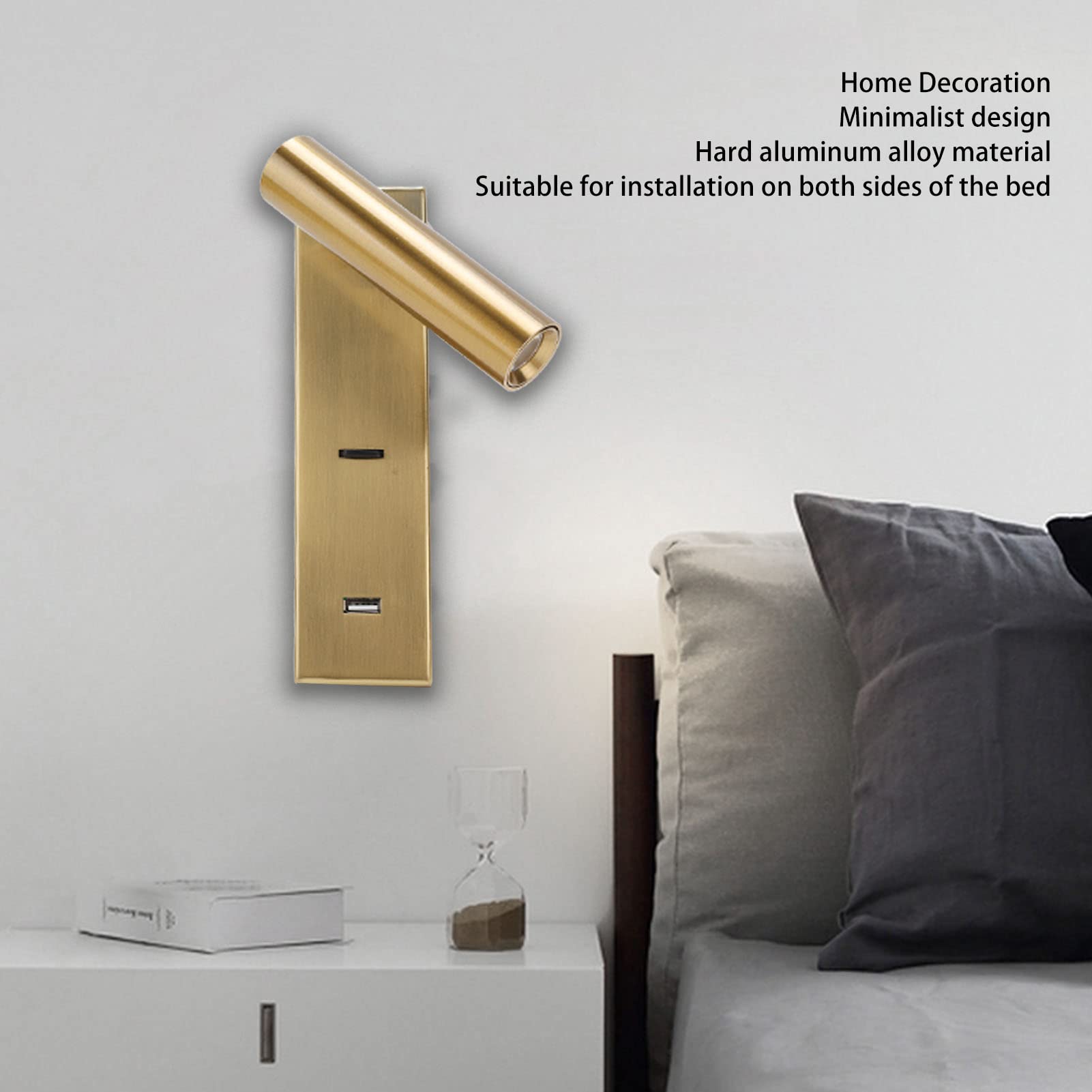 Ejoyous Luz de Lectura LED Montada en la Pared Lámpara de Pared LED de Aleación de Aluminio con USB 5V 2A Cabezal Ajustable de 350 Grados 100 a 240V para Lectura Junto a la Cama del Hotel en el (luz