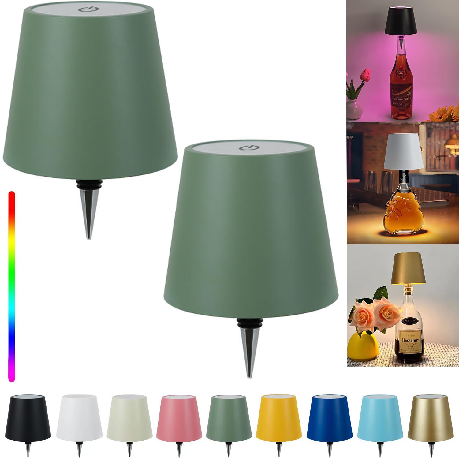 Pridola Wireless Bottle Lamp Shade - LED Rechargeable 3 Color Stepless Dimming - Touch Liquor Bottle Lamp Kit - Outdoor Table Lamp - Bar Lamp - Wine Bottle Lamp(2Pcs-Greens)