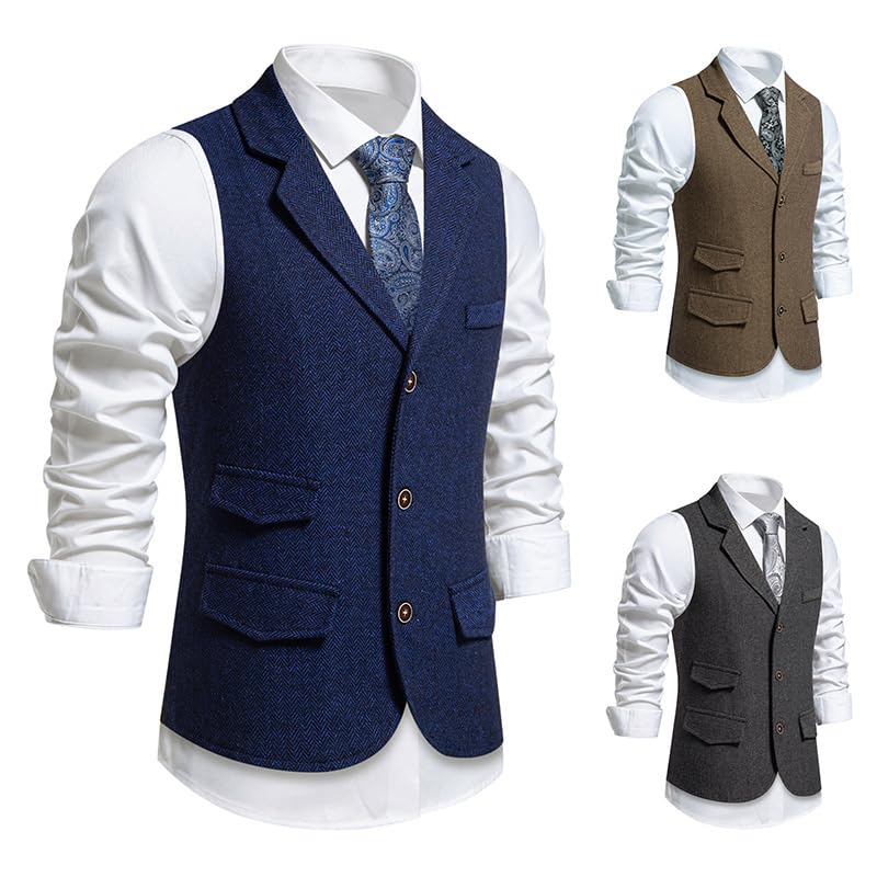 Herringbone Tweed Men's Vest, Dress Shirt and Patterned Tie Set2