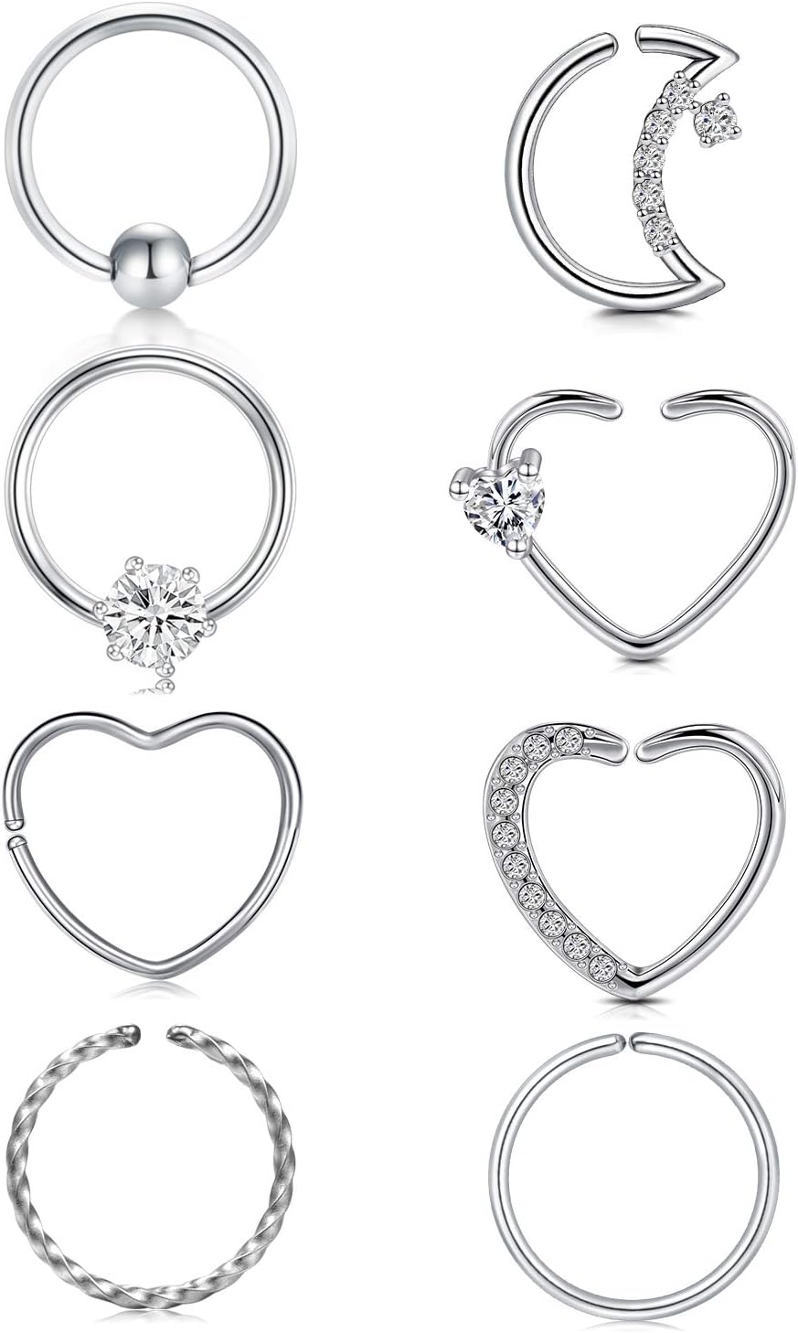 QWALIT 16g 20g Daith Earrings Heart Moon Daith Piercing Jewelry for Women Tragus Hoop Surgical Steel Helix Cartilage Earring Hoop CZ Small Hoop Earring Silver Rose Gold