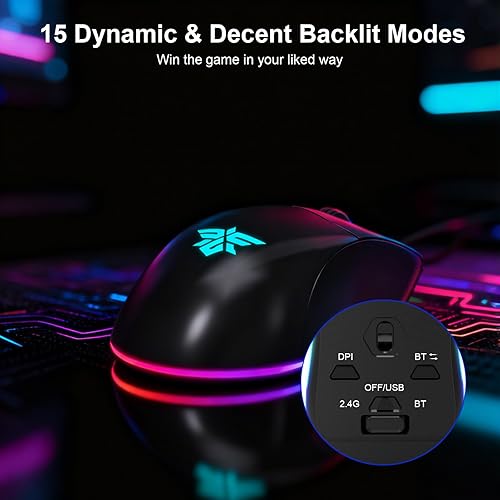 Miniatura 3 de NPET Teclado y ratón inalámbricos gaming con tri-modo, teclado RGB de 98 teclas con perilla y ratón gaming, 12 teclas multimedia para Windows, PC,