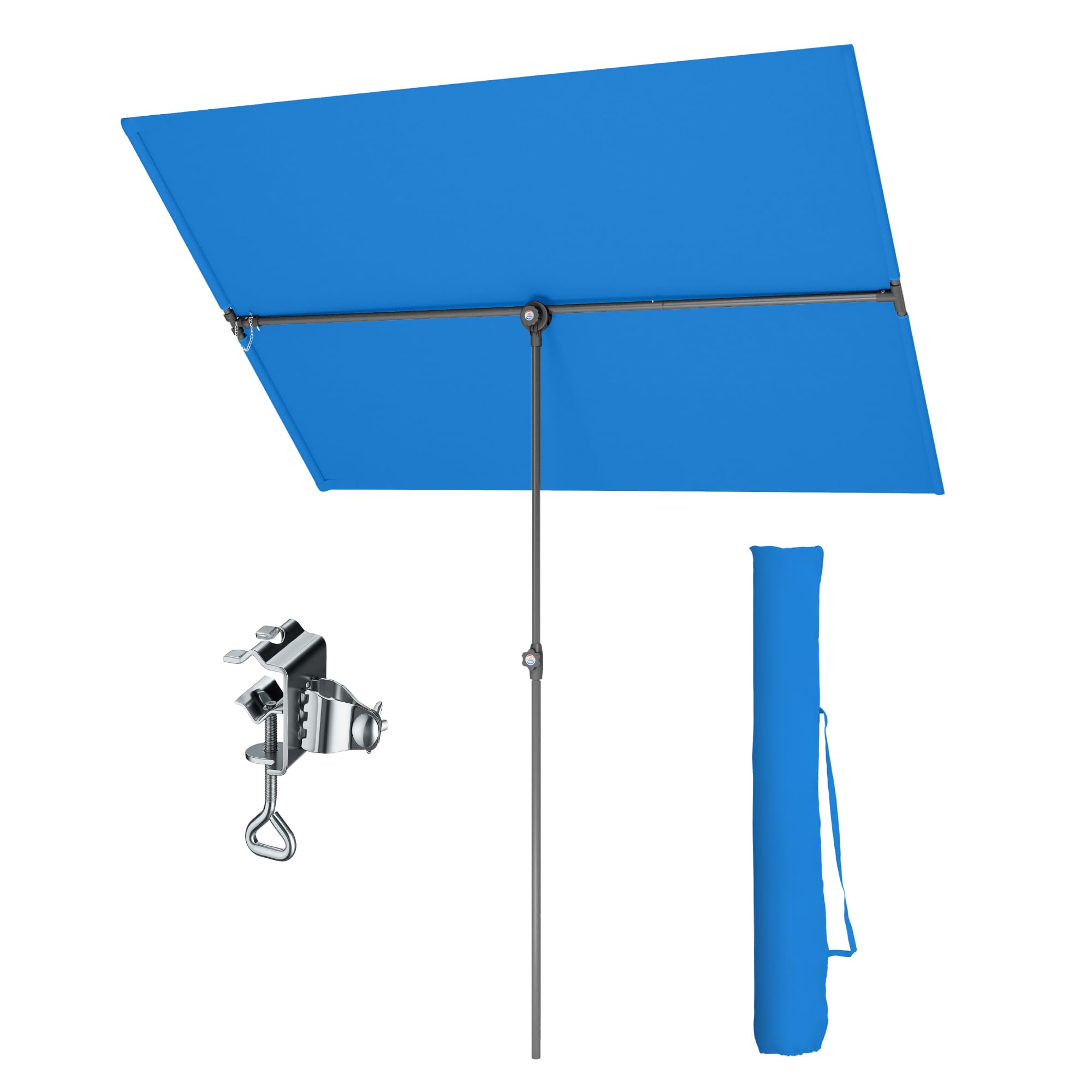 PHI VILLA 1.8x1.3m 360°Tilting Parasol with Cover & Clamp, Aluminum Height Adjustable Garden Parasols, Portable Patio Umbrella, Sun Shade UV50+ Protection for Balcony,Blue