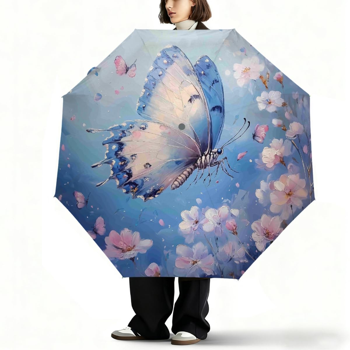 Ombrello da viaggio pieghevole con disegno a olio e farfalla blu, ombrello da viaggio, compatto, antivento, impermeabile, con protezione UV, rivestimento nero, leggero, 8 costine, portatile