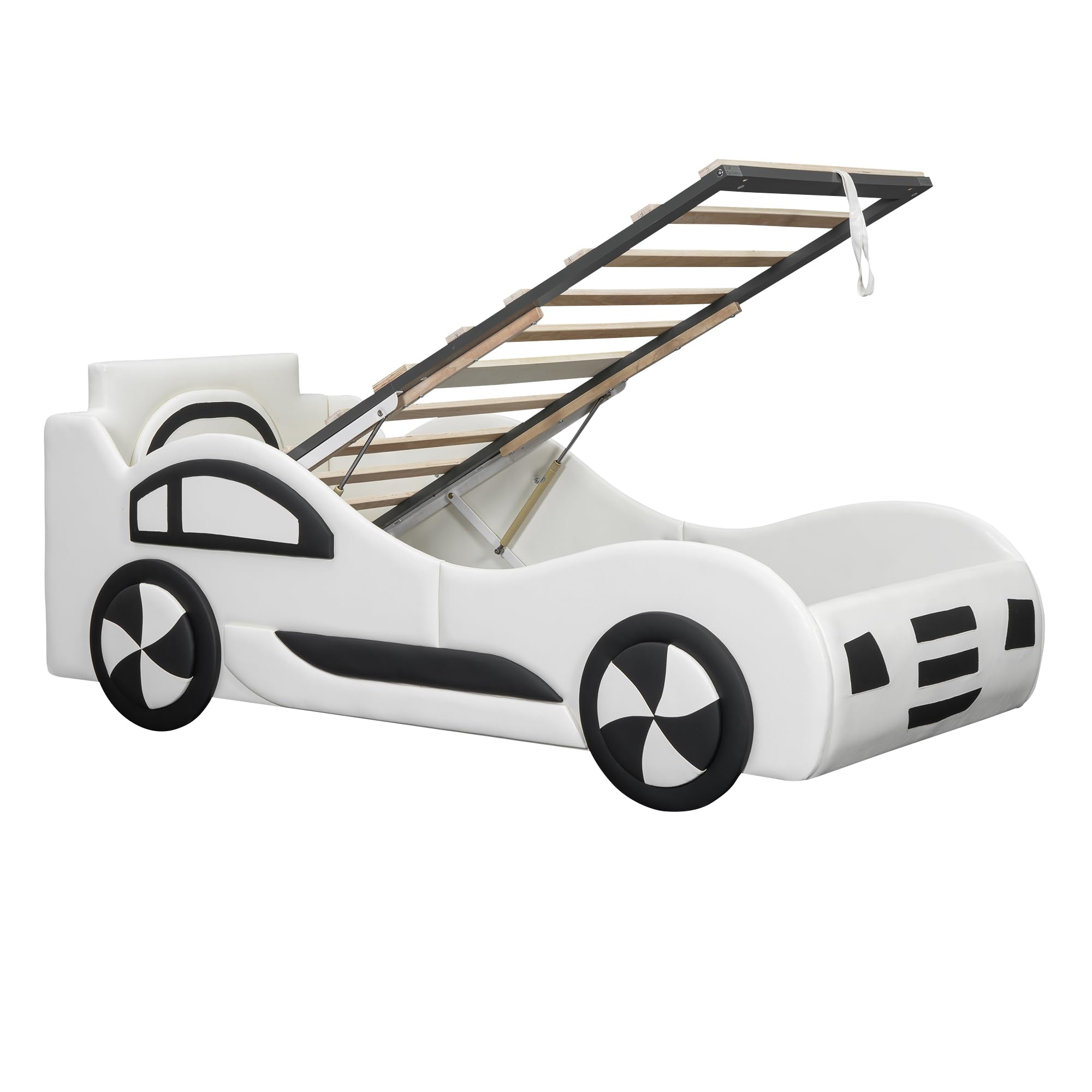 Zepneiy Lit Enfant 90x200 avec Espace de Rangement, Lit Voiture Garcon avec à Lattes, Cadre de lit Simple aus PU Blanc (sans Matelas)