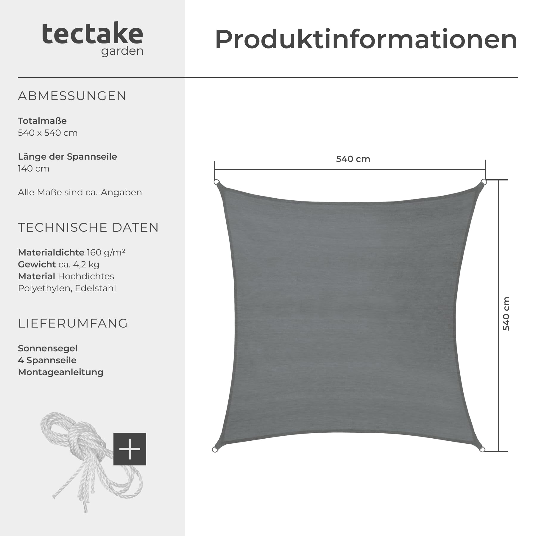 tectake® Sonnensegel mit UV Schutz, Sonnenschutz und Sichtschutz Balkon, Sichtschutz Garten, für Pergola, Windschutz Terrasse, mit Ösen und Spannseile - quadratisch grau - 5,4 x 5,4 m