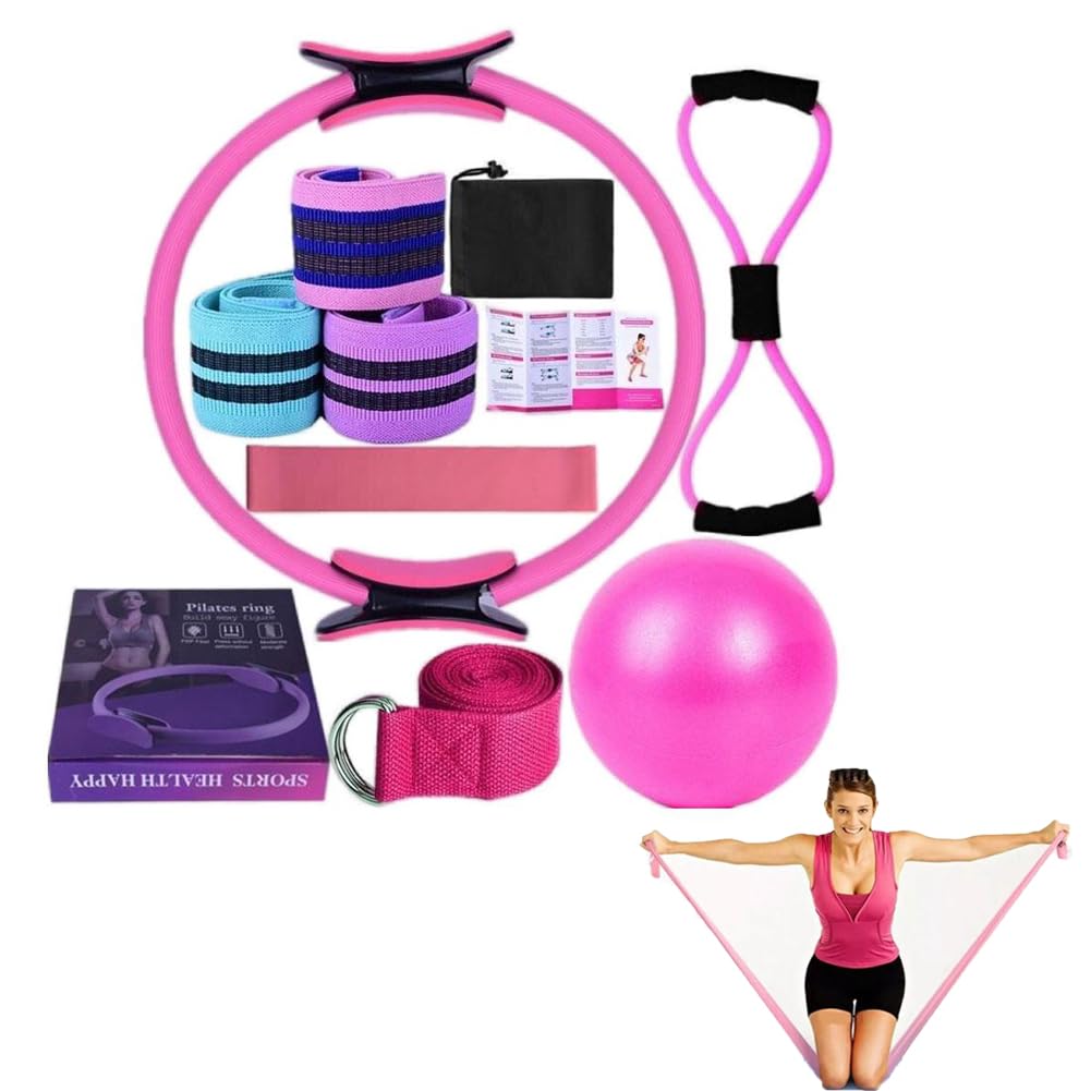 Pilates Essentials Kit for Women, 2025 New Better Me Pilates Kit, Pilates Rings Booty Bands, 11 Yoga Sets for Women, Hip Exercise Band Yoga Ball 25cm Figure 8 Resistance Band for Women (Pink)