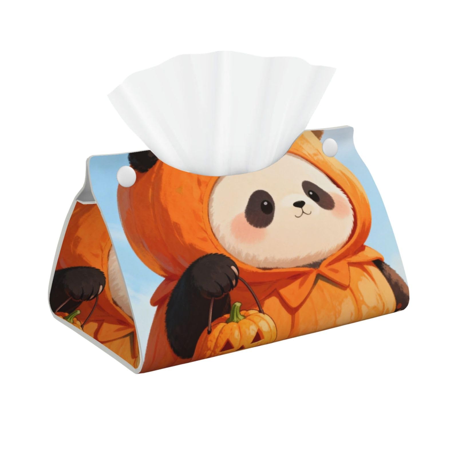 Halloween Pumpkin Panda Long Leather Tissue Box Cover-Waterproof PU Leather Tissue Holder for Bathroom, Decorative Rectangular Tissue Case
