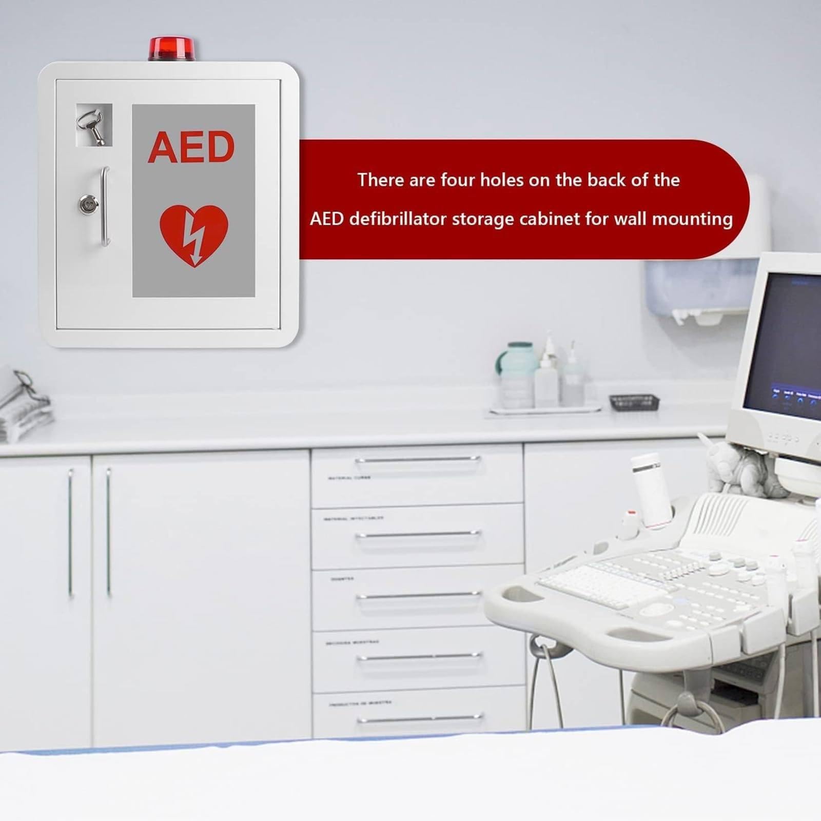 AED-Schrank, AED-Defibrillator-Wandschrank, Metall-Stahlplatten-Aufbewahrungsschrank mit Alarm und Licht, passend für alle Marken von Cardiac Science für öffentliche Plätze, 36 x 20 x 40 cm