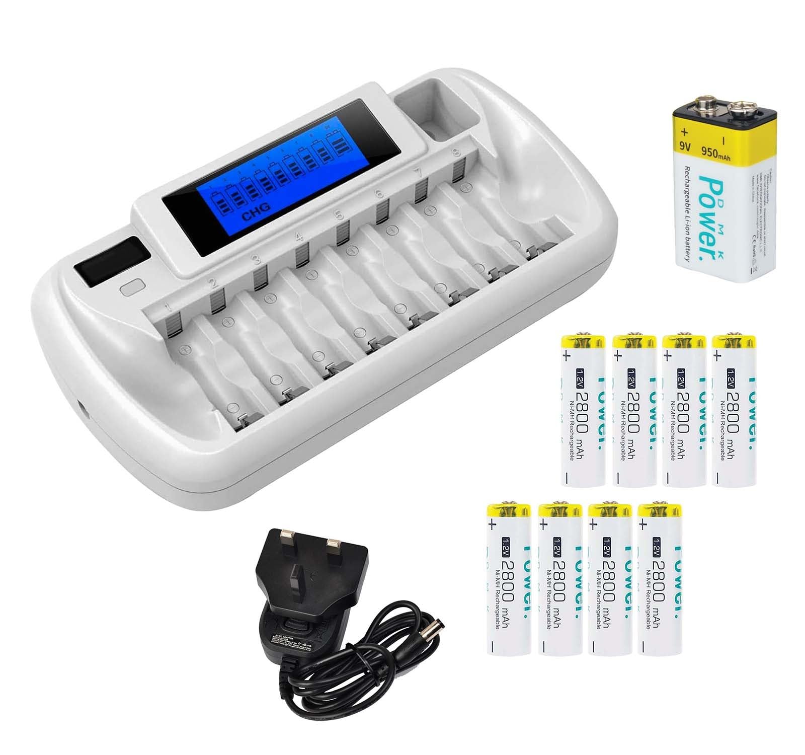 DMK Power AA 2800mah 8pcs, 9V 1pc and TC-Q99 8 + 1 Slot Battery Charger for AA AAA Ni-MH Ni-CD 9V Li-ion Batteries - DC 12V Input, Fast Charging, Intelligent Protection.