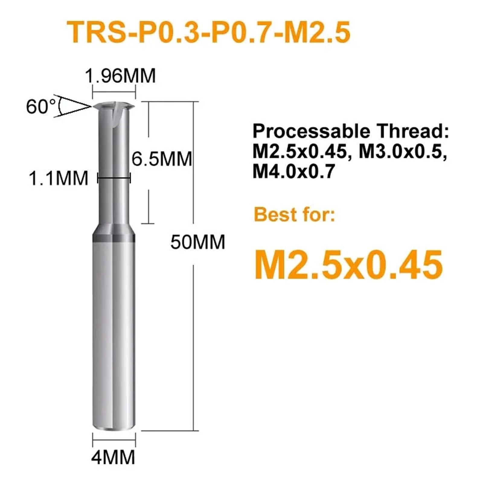 Fresas para metal Fresa de rosca métrica M2 M3 M4 M5 M6 M8 M10, carburo sólido de 60 grados for acero, 1 ud. | 2-TRS-P0.3-P0.7-M2.5