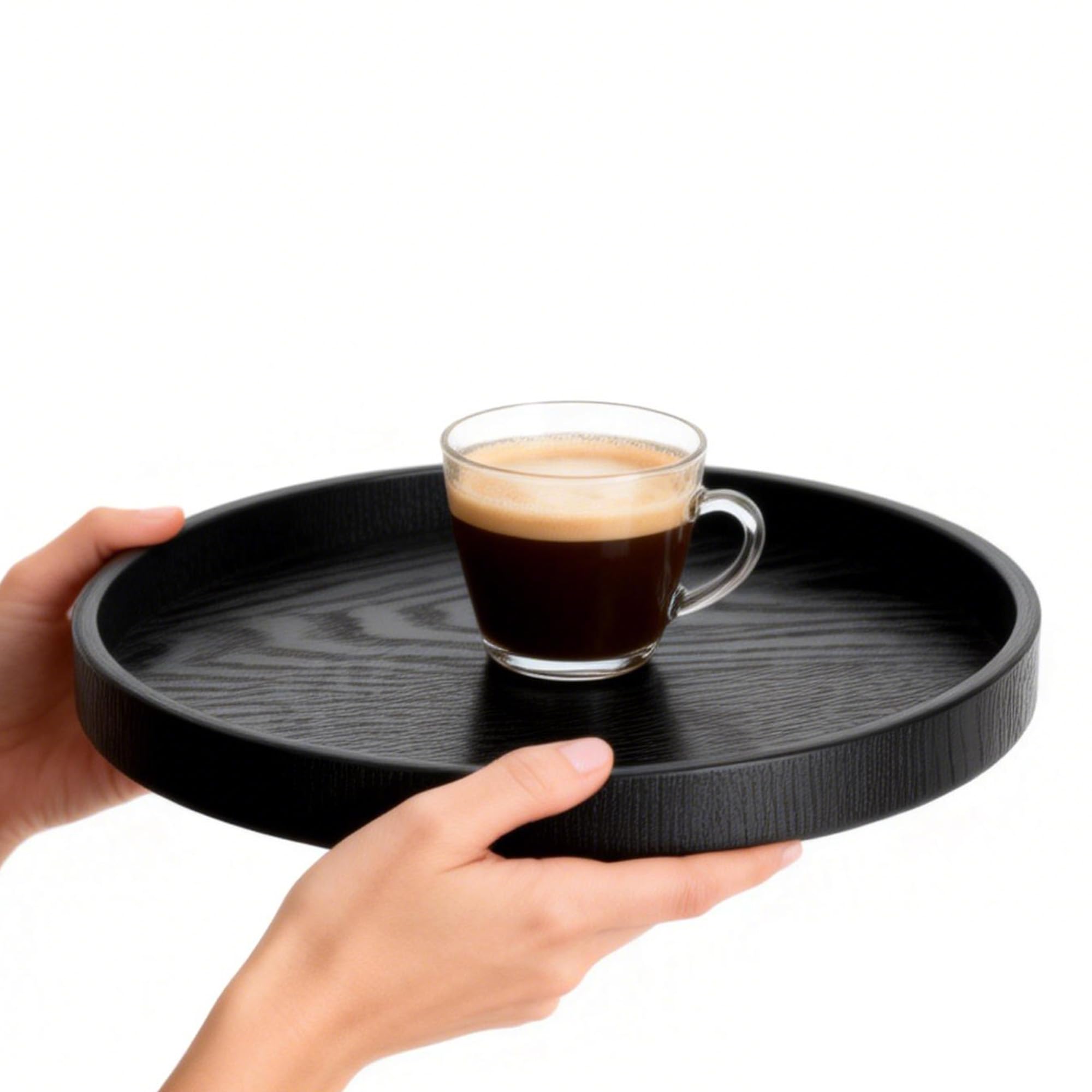 Su & Chan Legence Black Round Wooden Tray, Wooden Serving Tray With Raised Edges For Tea, Coffee, Snacks And Food Meals, (Dia 21Cm)