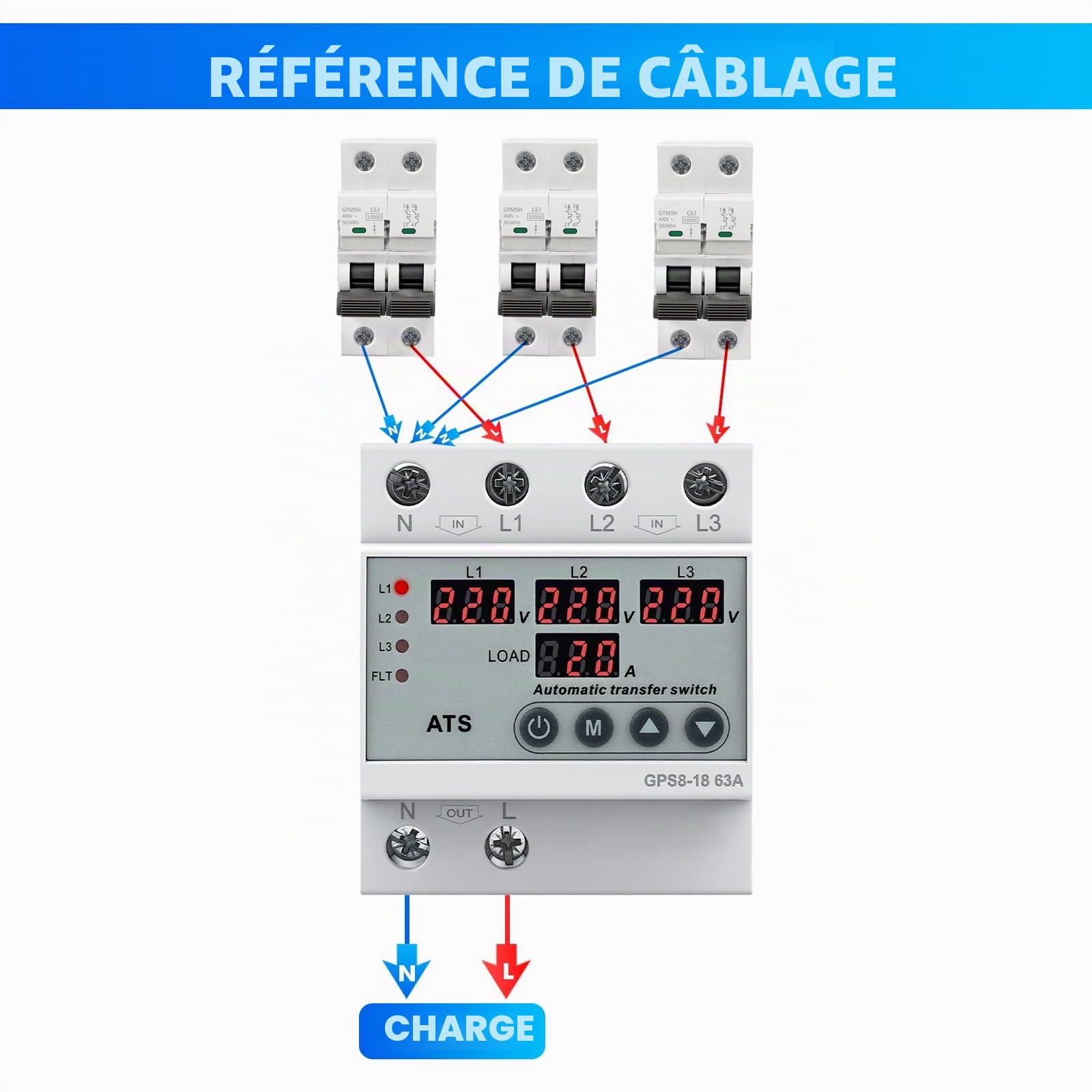 Commutateur de Transfert Automatique Triphasé 63A AC220V Inverseur de Source Automatique Affichage Numérique LED Avec Protection Contre Surtensions Sous-Tensions Surintensités(Commutation 3 voies)